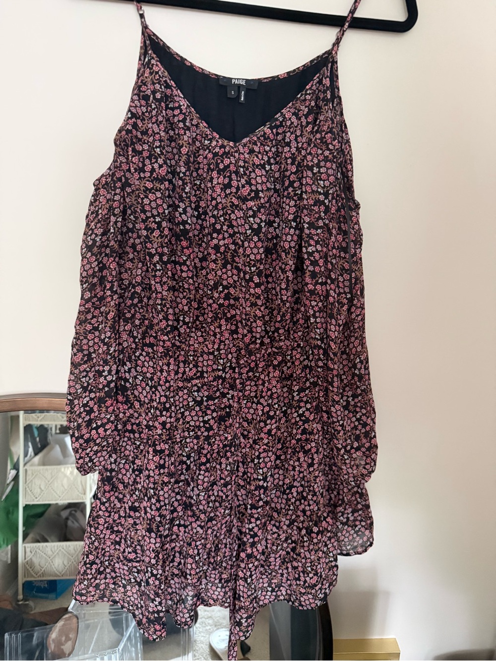 PAIGE Black Mini Dress with Pink Floral Print Cold Shoulder Size S - Picture 3 of 6